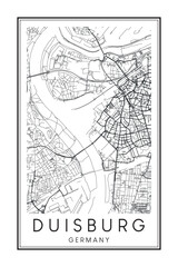 Hand drawn printable downtown road map poster of the German city of DUISBURG on solid white background with city name
