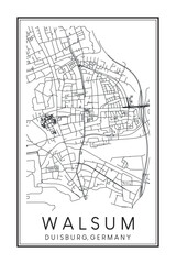 Hand drawn printable downtown road map poster of borough WALSUM of the German city of DUISBURG on solid white background with city name
