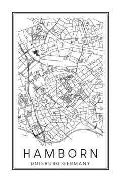 Hand drawn printable downtown road map poster of borough HAMBORN of the German city of DUISBURG on solid white background with city name