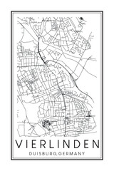Obraz premium Hand drawn printable downtown road map poster of borough VIERLINDEN of the German city of DUISBURG on solid white background with city name