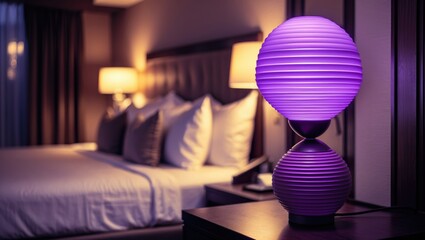 Opulent hotel accommodation with a focus on the electric lamp in the foreground