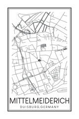 Hand drawn printable downtown road map poster of borough MITTELMEIDERICH of the German city of DUISBURG on solid white background with city name