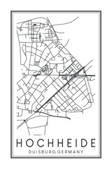 Hand drawn printable downtown road map poster of borough HOCHHEIDE of the German city of DUISBURG on solid white background with city name