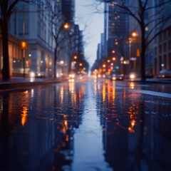 Reflections on wet city street