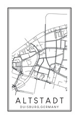 Hand drawn printable downtown road map poster of borough ALTSTADT of the German city of DUISBURG on solid white background with city name