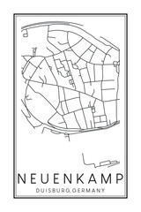 Hand drawn printable downtown road map poster of borough NEUENKAMP of the German city of DUISBURG on solid white background with city name