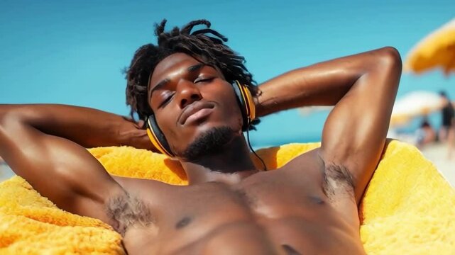 A man is laying on a yellow towel on the beach, wearing headphones and looking relaxed. Concept of leisure and relaxation, as the man enjoys his time on the beach