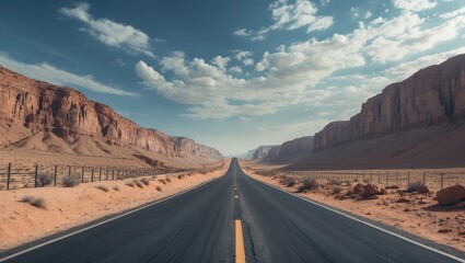 Scenic mountain route featuring desert asphalt roads, transport infrastructure, and a border fence wall