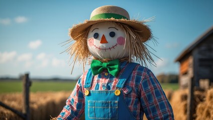 A scarecrow with straw stuffing, sporting dungarees, a checkered blue shirt, a green felt bow tie, and a hessian hat