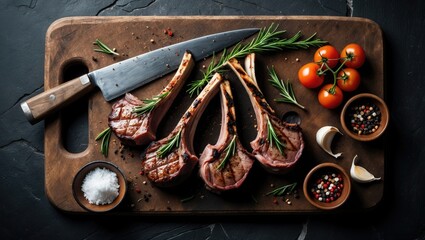 Three seasoned grilled steaks arranged on a cutting board with copy space for customization