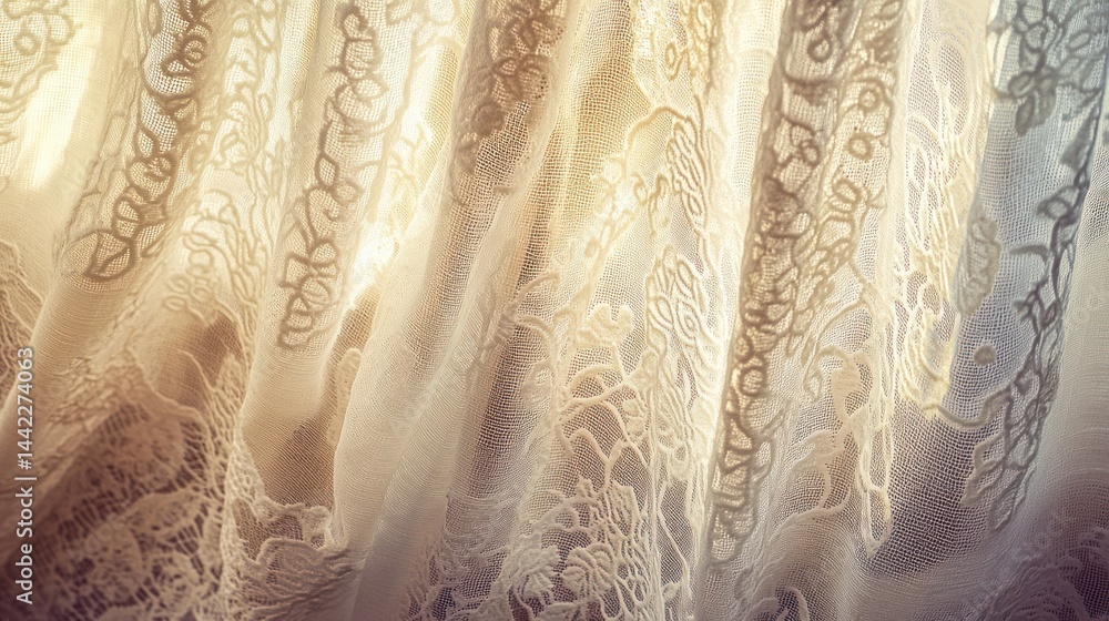 Aufkleber an illuminated lace curtain creates soft patterns and shadows on fabric