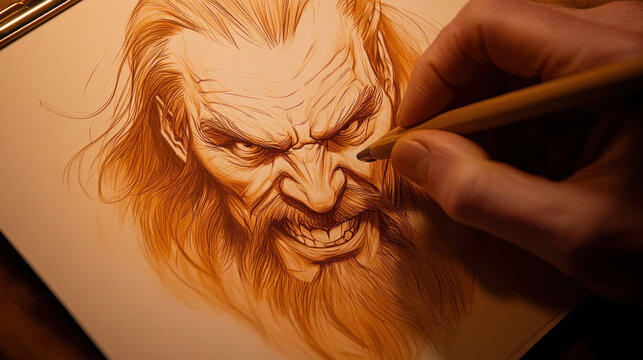 Angry Man Portrait Sketch: A close-up shot of an artist's hand meticulously detailing a pencil sketch of an angry man's face, showcasing the intense expression and artistic process.