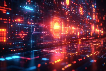 Fototapeta premium Digital network data flow, glowing circuits, futuristic server room background