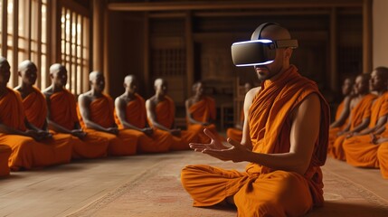 A man wearing VR glasses presenting a data visualization to a team of monks sitting cross-legged in a minimalistic meeting room