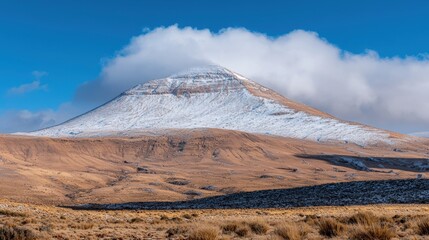 A snow-capped mountain peak rises against a clear blue sky, with a rugged, rocky terrain and sparse vegetation below.