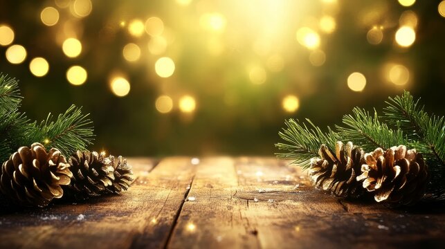 Rustic christmas charm, closeup of pine branch with cones on wooden table for holiday decor