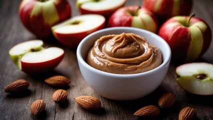 Snacking with Almond Butter in a Small Bowl and Fresh Apple Slices