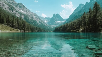 Beautiful turquoise lake surrounded by majestic mountains and green trees