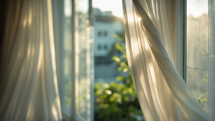 Translucent curtains framing blurry plastic windows illuminated by summer sunlight in a close view