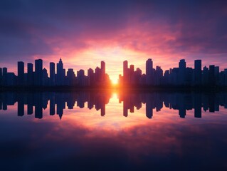City skyline reflected in water