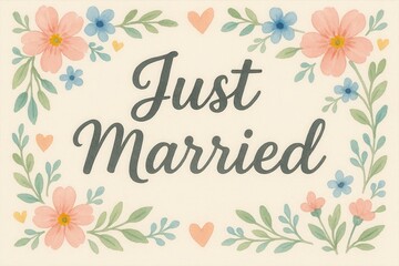 Fototapeta premium Just married sign with floral decoration celebrating wedding