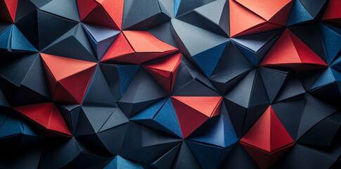 Fototapeta premium Geometric shapes create abstract background with mix of red and blue tones, showcasing dynamic interplay of light and shadow. This visually striking design evokes sense of depth and creativity