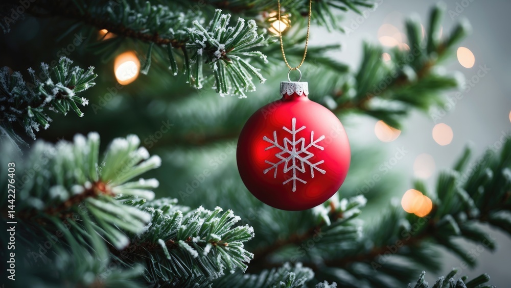 Poster on a cold branch, a red decoration with a snowflake pattern dangles.