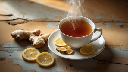 Hot black tea infused with lemon and ginger in a cup