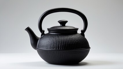 Black cast iron Kettle or Teapot with authentic design on a white backdrop