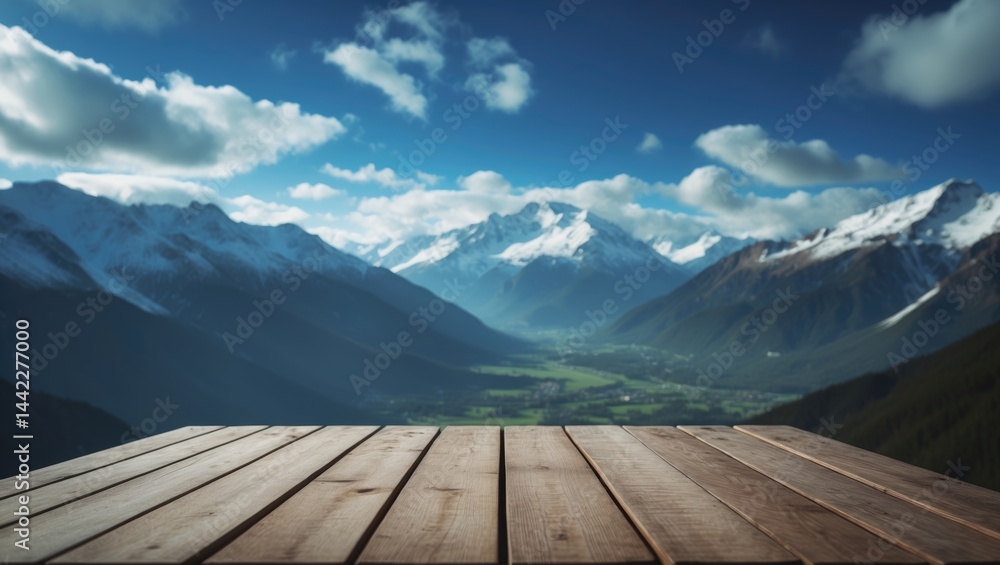 Poster wooden tabletop devoid of items against a blurred background. energetic image. available space.