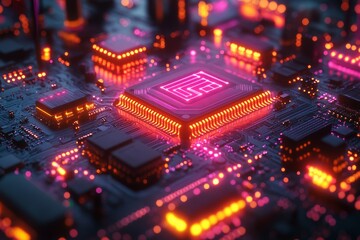 Obraz premium Glowing CPU on Circuit Board, Tech Background, Data Processing