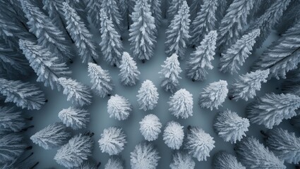Frozen trees in a forest captured from a drone's aerial view. Mountain backdrop.