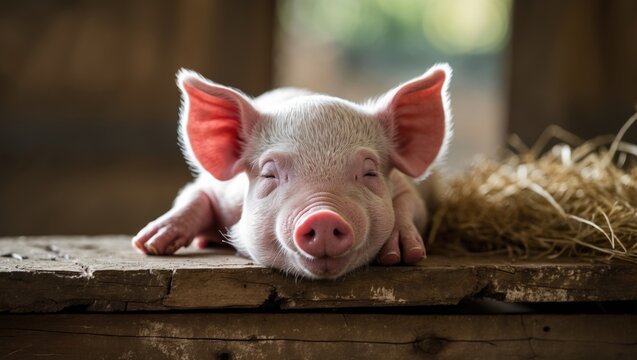 Newborn piglet peacefully napping with other piglets on the farm, close-up view