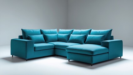 Turquoise Blue L-Shape settee isolated on a white canvas. Versatile sofa bed.
