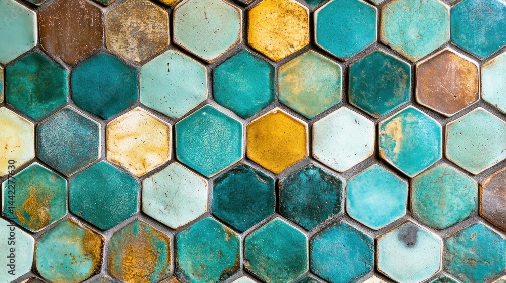 Poster a close up showing hexagonal ceramic tiles in various colors