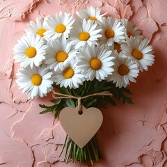 Obraz premium minimalist flat lay of a bright white daisy bouquet tied together with a heart-shaped tag, isolated on a soft pastel pink background. greeting cards, banners