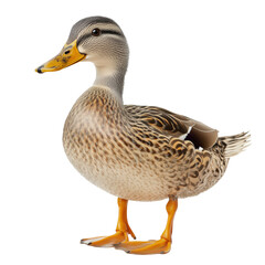 Obraz premium Side view of a standing female mallard duck with yellow beak and feet, cut out, isolated on a transparent background, no shadow.