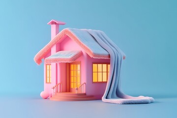 Cozy pink house nestled under a soft blanket glowing warmly against a pastel blue background Winter home warmth snug and