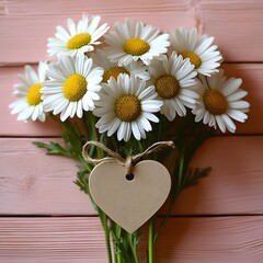 Obraz premium minimalist flat lay of a bright white daisy bouquet tied together with a heart-shaped tag, isolated on a soft pastel pink background. greeting cards, banners