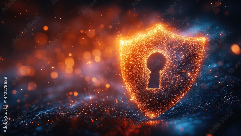 Poster abstract glowing shield with keyhole design.