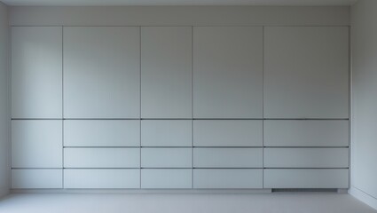 A bedroom showcasing a built-in wardrobe with drawers, white wooden doors, and light-hued painted walls