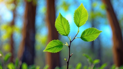 Obraz premium The onset of spring showcasing the plant lifecycle with vibrant green, small leaves against a blurred natural setting