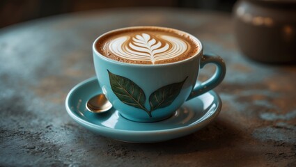 Milk foam with rosetta latte art on Ayurvedic coffee cappuccino in a fashionable cafe