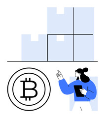 Woman holding a tablet, pointing at a growing bar chart near Bitcoin logo. Ideal for cryptocurrency, blockchain, financial growth, investment, fintech, data analysis digital economy. Flat simple