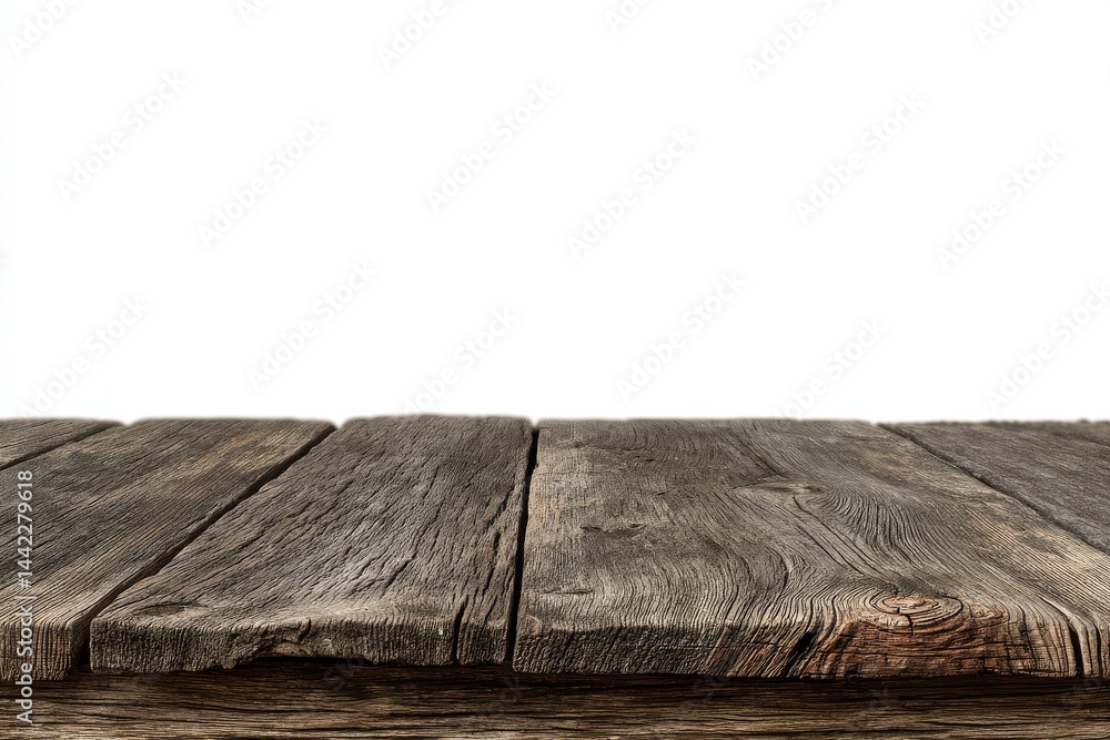 Poster a display montage for a product is set against a white background on an otherwise empty wooden table