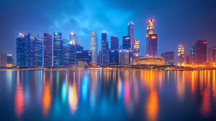 Fototapeta premium stunning city skyline at night, showcasing illuminated skyscrapers reflecting on water. vibrant lights create captivating atmosphere, perfect for urban photography