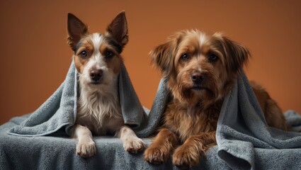 Under a towel, a Duck Tolling Retriever and a Terrier relax after a bath, with the cozy setting emphasizing their calm.