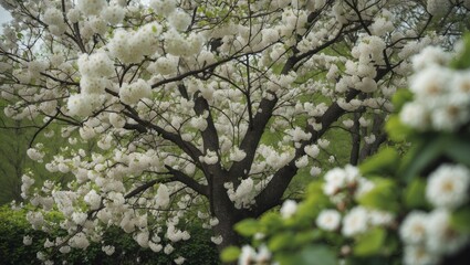 Fototapeta premium A Majestic Tree in Full Bloom Signifying Spring with Its Abundant Flowers