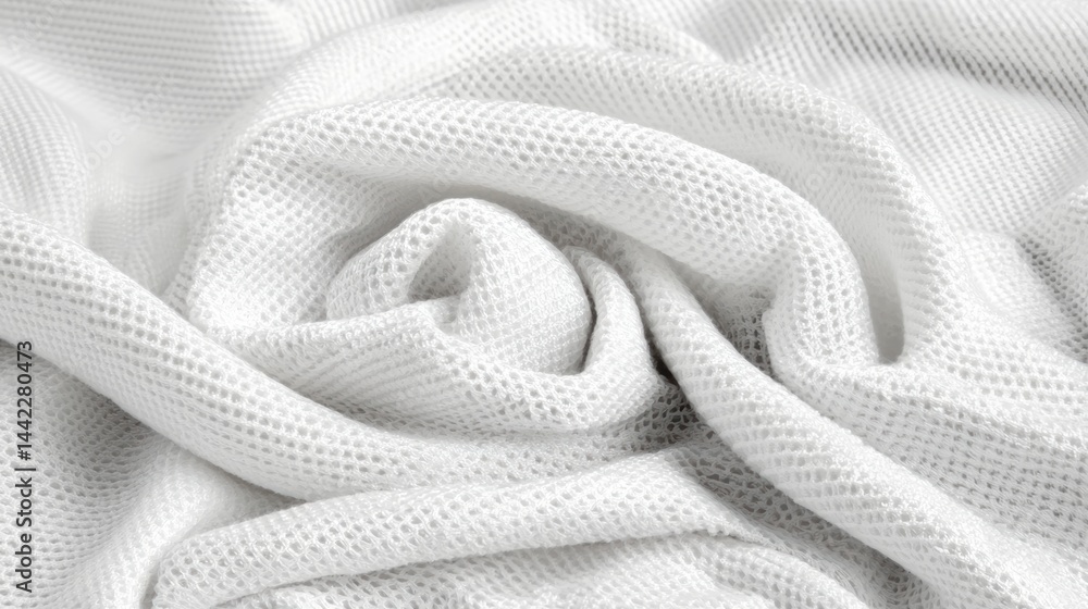 Poster a close-up view of a white, textured fabric with a subtle pattern.