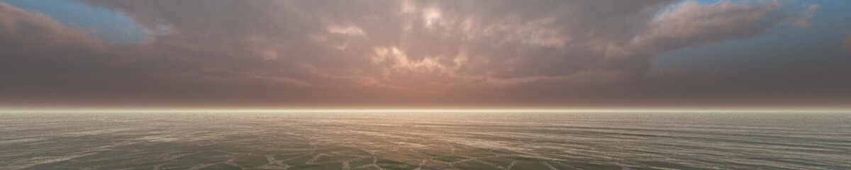 Panorama of sea sunset, ocean sunrise, seascape, 3d rendering